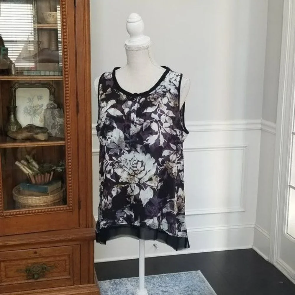 Simply Vera Vera Wang Floral Print Sleeveless Top Bodice Buttons Size Large - Picture 3 of 10